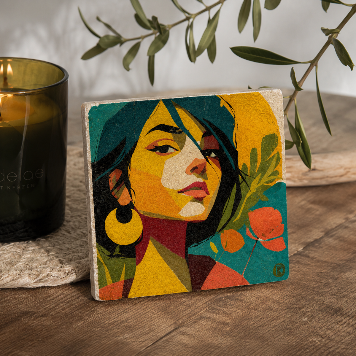 Solea – Kleines Kunstwerk aus Travertin mit modernem Frauenporträt als dekorative Naturstein-Kunstwerk in stilvoller Wohnatmosphäre.
