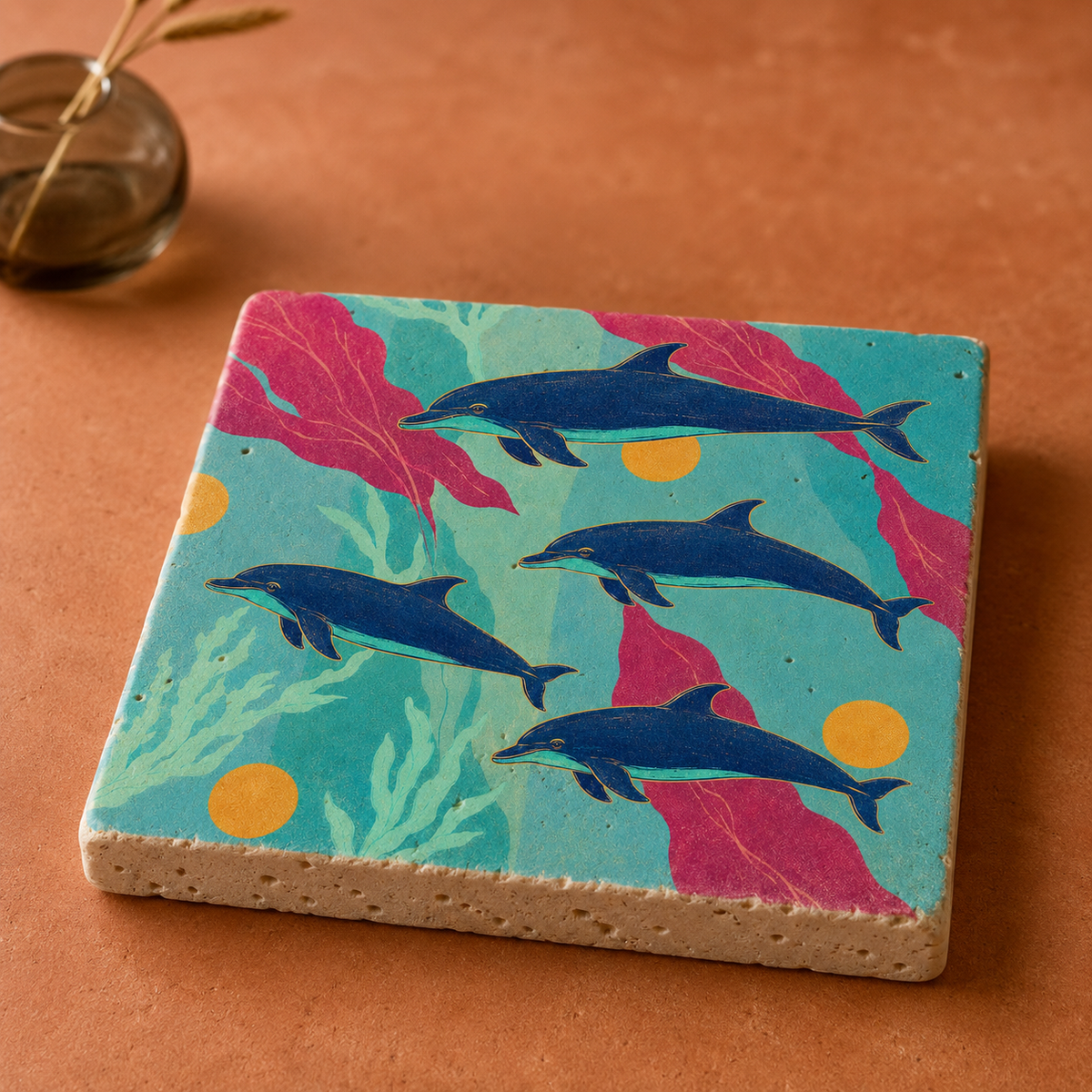 Liegendes Travertin-Kunstwerk „Delfintanz“ mit vier Delfinen in Türkis, Indigo und Fuchsia.